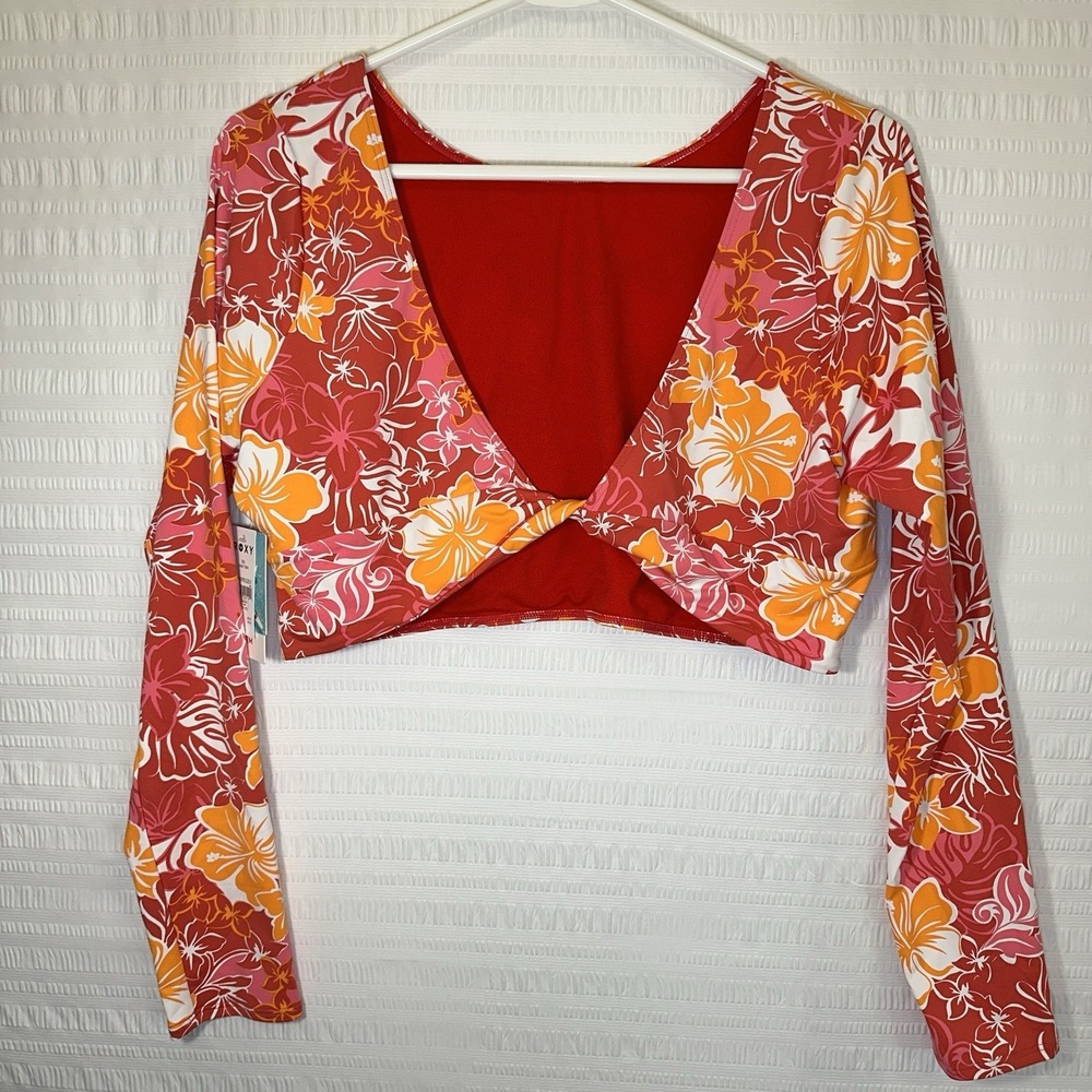 Roxy NWT Glassy Tides Swim Top XXL Sea Spray Floral Long Sleeve Crop Rash Guard